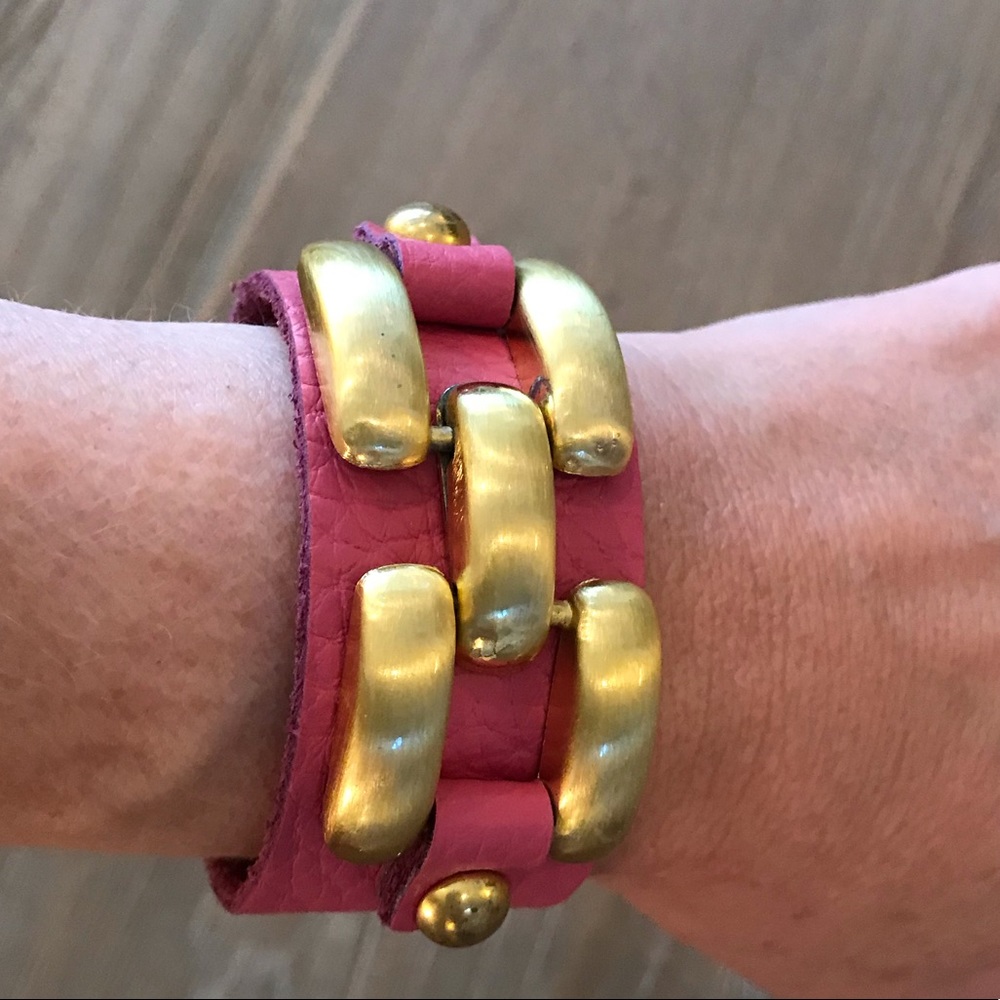 Pink Leather Snap Gold Buckle Bracelet Cuff